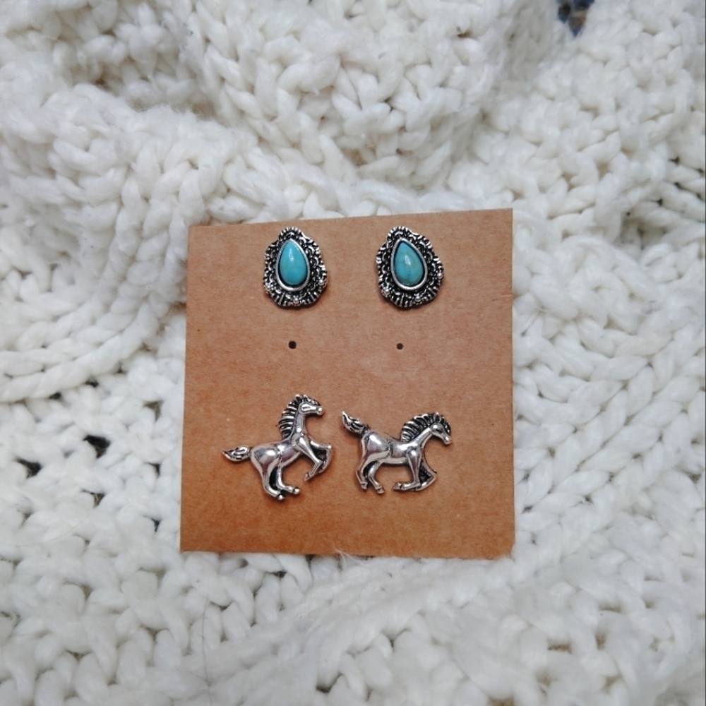 2 for 25$ Silver Horse Earrings with Turquoise Accents